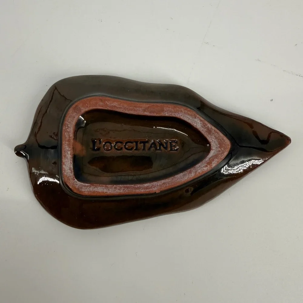 L'Occitane Ceramic Leaf Dish Brown Green Glazed Pottery Trinket Tray Decor
